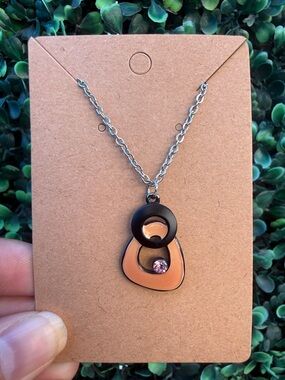 Peach and Black Geometric Pendant Necklace with Pink Crystal - Women Jewelry